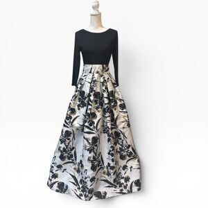 Eliza J Mixed Media Metallic Jacquard Ball Gown Black Floral Formal Dress Size 6